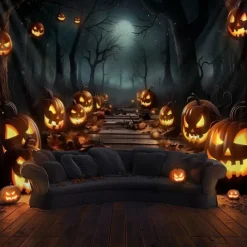 Halloween Pumpkin Wall Tapestry – Spooky Jack-O'-Lantern in Dark Forest, Blue Moon Night Wall Hanging for Party, Bedroom, Living Room, 2025 Halloween Home Decoration