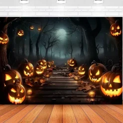 Halloween Pumpkin Wall Tapestry – Spooky Jack-O'-Lantern in Dark Forest, Blue Moon Night Wall Hanging for Party, Bedroom, Living Room, 2025 Halloween Home Decoration