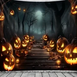 Halloween Pumpkin Wall Tapestry – Spooky Jack-O'-Lantern in Dark Forest, Blue Moon Night Wall Hanging for Party, Bedroom, Living Room, 2025 Halloween Home Decoration