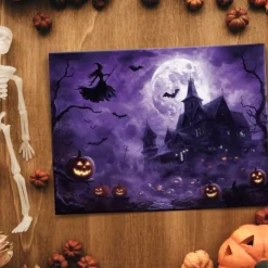 Halloween Purple Sky Haunted Scene LED Canvas Wall Art - Battery Operated Lighted Wall Decor for 2025 Halloween home decoration light livingroom and bedroom