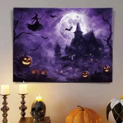 Halloween Purple Sky Haunted Scene LED Canvas Wall Art - Battery Operated Lighted Wall Decor for 2025 Halloween home decoration light livingroom and bedroom