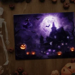 Halloween Purple Sky Haunted Scene LED Canvas Wall Art - Battery Operated Lighted Wall Decor for 2025 Halloween home decoration light livingroom and bedroom