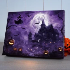 Halloween Purple Sky Haunted Scene LED Canvas Wall Art - Battery Operated Lighted Wall Decor for 2025 Halloween home decoration light livingroom and bedroom