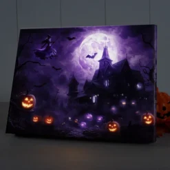 Halloween Purple Sky Haunted Scene LED Canvas Wall Art - Battery Operated Lighted Wall Decor for 2025 Halloween home decoration light livingroom and bedroom