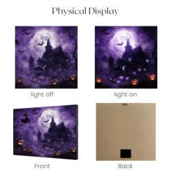 Halloween Purple Sky Haunted Scene LED Canvas Wall Art - Battery Operated Lighted Wall Decor for 2025 Halloween home decoration light livingroom and bedroom
