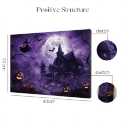 Halloween Purple Sky Haunted Scene LED Canvas Wall Art - Battery Operated Lighted Wall Decor for 2025 Halloween home decoration light livingroom and bedroom