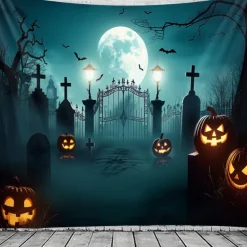 Halloween Scarecrow Wall Tapestry Backdrop – Pumpkin Head Witch with Lantern, Haunted Castle, Full Moon and Bats, Spooky Wall Hanging for 2025 Halloween Home decoration, Party, Photography