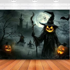 Halloween Scarecrow Wall Tapestry Backdrop – Pumpkin Head Witch with Lantern, Haunted Castle, Full Moon and Bats, Spooky Wall Hanging for 2025 Halloween Home decoration, Party, Photography