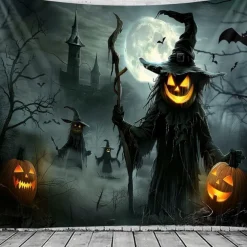 Halloween Scarecrow Wall Tapestry Backdrop – Pumpkin Head Witch with Lantern, Haunted Castle, Full Moon and Bats, Spooky Wall Hanging for 2025 Halloween Home decoration, Party, Photography