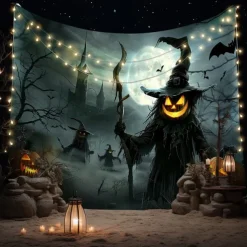 Halloween Scarecrow Wall Tapestry Backdrop – Pumpkin Head Witch with Lantern, Haunted Castle, Full Moon and Bats, Spooky Wall Hanging for 2025 Halloween Home decoration, Party, Photography