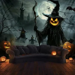 Halloween Scarecrow Wall Tapestry Backdrop – Pumpkin Head Witch with Lantern, Haunted Castle, Full Moon and Bats, Spooky Wall Hanging for 2025 Halloween Home decoration, Party, Photography
