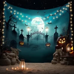 Halloween Scarecrow Wall Tapestry Backdrop – Pumpkin Head Witch with Lantern, Haunted Castle, Full Moon and Bats, Spooky Wall Hanging for 2025 Halloween Home decoration, Party, Photography