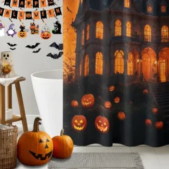 Halloween Shower Curtain with Hooks Polyester Washable Waterproof Pattern Bathroom Bathtub Decor