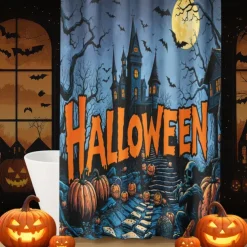 Halloween Shower Curtain with Hooks Polyester Washable Waterproof Pattern Bathroom Bathtub Decor