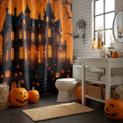 Halloween Shower Curtain with Hooks Polyester Washable Waterproof Pattern Bathroom Bathtub Decor