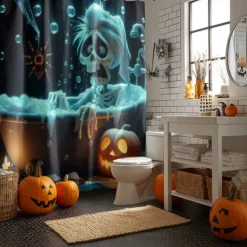 Halloween Shower Curtain with Hooks Polyester Washable Waterproof Pattern Bathroom Bathtub Decor