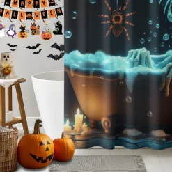 Halloween Shower Curtain with Hooks Polyester Washable Waterproof Pattern Bathroom Bathtub Decor
