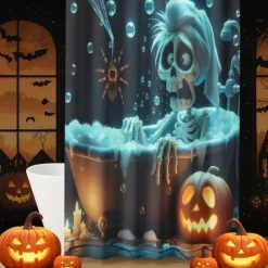 Halloween Shower Curtain with Hooks Polyester Washable Waterproof Pattern Bathroom Bathtub Decor