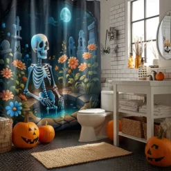 Halloween Shower Curtain with Hooks Polyester Washable Waterproof Pattern Bathroom Bathtub Decor