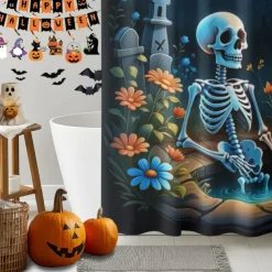 Halloween Shower Curtain with Hooks Polyester Washable Waterproof Pattern Bathroom Bathtub Decor