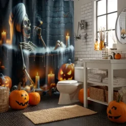 Halloween Shower Curtain with Hooks Polyester Washable Waterproof Pattern Bathroom Bathtub Decor