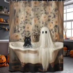 Halloween Shower Curtain with Hooks Polyester Washable Waterproof Pattern Bathroom Bathtub Decor