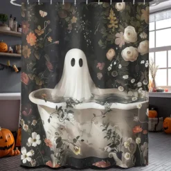 Halloween Shower Curtain with Hooks Polyester Washable Waterproof Pattern Bathroom Bathtub Decor