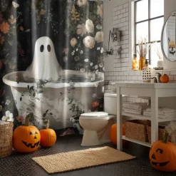 Halloween Shower Curtain with Hooks Polyester Washable Waterproof Pattern Bathroom Bathtub Decor