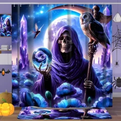 Halloween Shower Curtain with Hooks for Bathroom Shower Curtain Bathroom Decor Set Polyester Waterproof 12 Pack Plastic Hooks Skull Heads