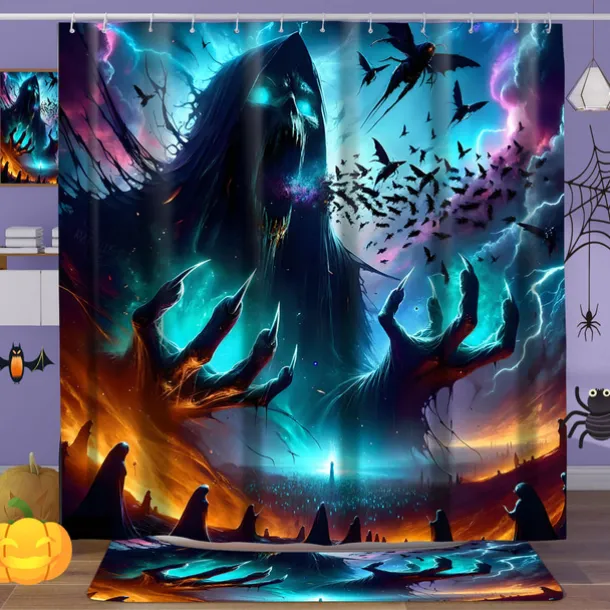 Halloween Shower Curtain with Hooks for Bathroom Shower Curtain Bathroom Decor Set Polyester Waterproof 12 Pack Plastic Hooks Skull Heads