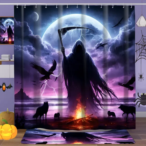 Halloween Shower Curtain with Hooks for Bathroom Shower Curtain Bathroom Decor Set Polyester Waterproof 12 Pack Plastic Hooks Skull Heads