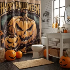 Halloween Shower Curtain with Hooks Polyester Washable Waterproof Pattern Bathroom Bathtub Decor