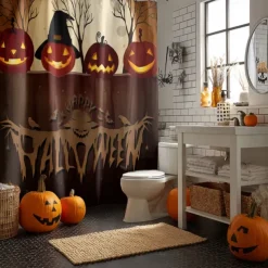 Halloween Shower Curtain with Hooks Polyester Washable Waterproof Pattern Bathroom Bathtub Decor