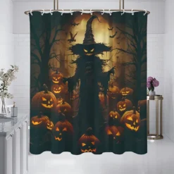 Halloween Shower Curtain Jack-O'-Lantern and Witch Design - Scarecrow Pumpkin Party Decor, Waterproof Polyester Fabric, Machine Washable, 12 Hooks Included for Bathtub or Bathroom Decoration