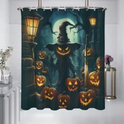 Halloween Shower Curtain Jack-O'-Lantern and Witch Design - Scarecrow Pumpkin Party Decor, Waterproof Polyester Fabric, Machine Washable, 12 Hooks Included for Bathtub or Bathroom Decoration