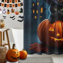 Halloween Shower Curtain with Hooks Polyester Washable Waterproof Pattern Bathroom Bathtub Decor