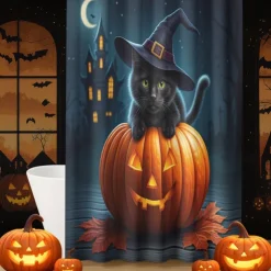 Halloween Shower Curtain with Hooks Polyester Washable Waterproof Pattern Bathroom Bathtub Decor