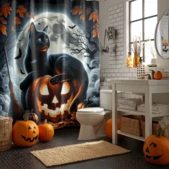 Halloween Shower Curtain with Hooks Polyester Washable Waterproof Pattern Bathroom Bathtub Decor