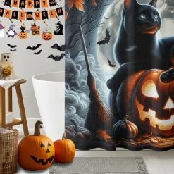 Halloween Shower Curtain with Hooks Polyester Washable Waterproof Pattern Bathroom Bathtub Decor