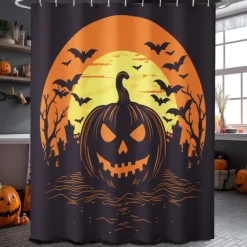 Halloween Shower Curtain with Hooks Polyester Washable Waterproof Pattern Bathroom Bathtub Decor
