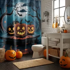 Halloween Shower Curtain with Hooks Polyester Washable Waterproof Pattern Bathroom Bathtub Decor