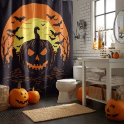 Halloween Shower Curtain with Hooks Polyester Washable Waterproof Pattern Bathroom Bathtub Decor