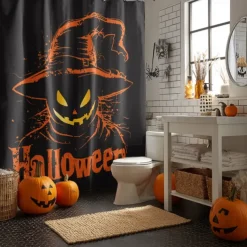 Halloween Shower Curtain with Hooks Polyester Washable Waterproof Pattern Bathroom Bathtub Decor