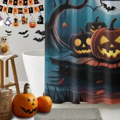 Halloween Shower Curtain with Hooks Polyester Washable Waterproof Pattern Bathroom Bathtub Decor