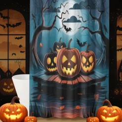 Halloween Shower Curtain with Hooks Polyester Washable Waterproof Pattern Bathroom Bathtub Decor