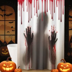 Halloween Shower Curtain with Hooks Polyester Washable Waterproof Pattern Bathroom Bathtub Decor