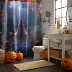 Halloween Shower Curtain with Hooks Polyester Washable Waterproof Pattern Bathroom Bathtub Decor