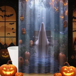 Halloween Shower Curtain with Hooks Polyester Washable Waterproof Pattern Bathroom Bathtub Decor
