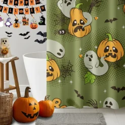 Halloween Shower Curtain with Hooks Polyester Washable Waterproof Pattern Bathroom Bathtub Decor