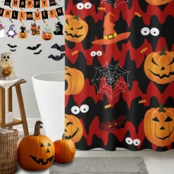 Halloween Shower Curtain with Hooks Polyester Washable Waterproof Pattern Bathroom Bathtub Decor